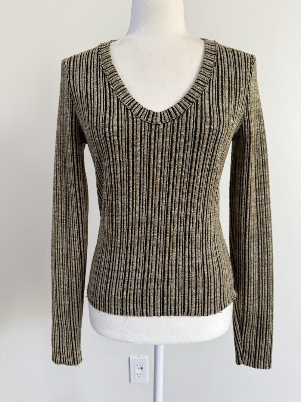 Rag and Bone Women Striped Knit Rib Black Tan Long Sleeve Top Size S